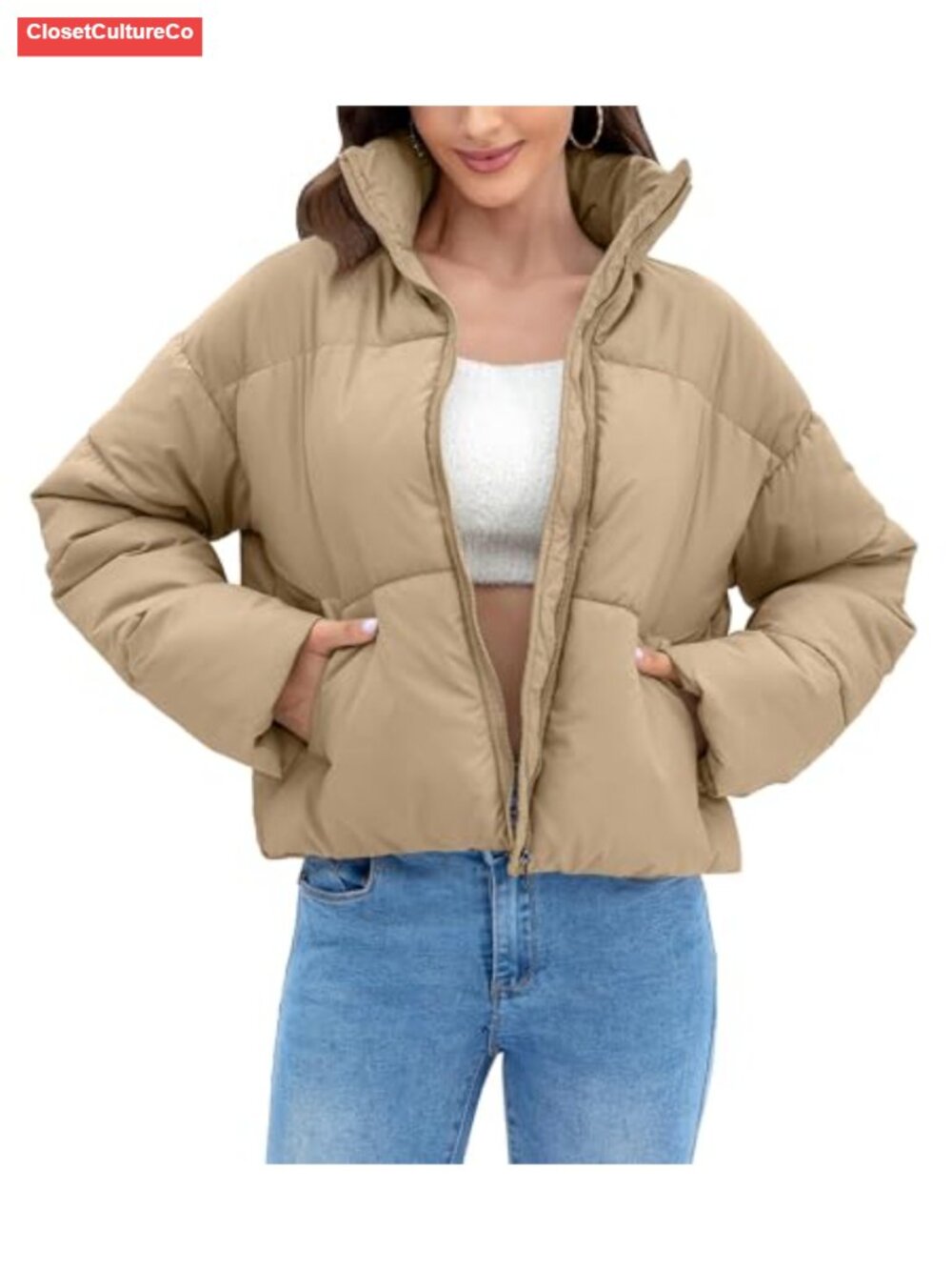 Women's Cropped Quilted Puffer Jacket Stand Collar Zip Winter Coat